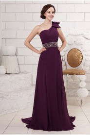 Chiffon One-Shoulder A-line Dress with Bowknot