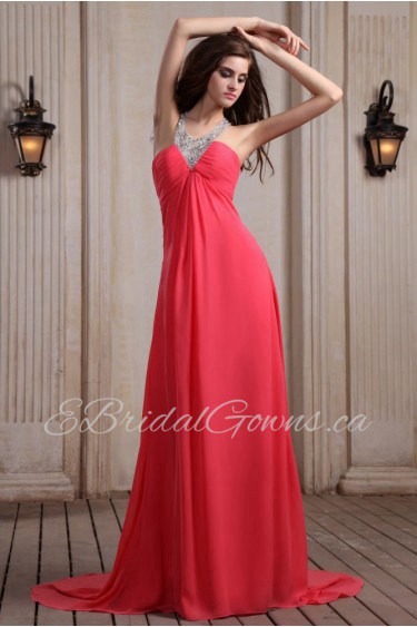 Chiffon Halter Neckline Column Dress with Beaded