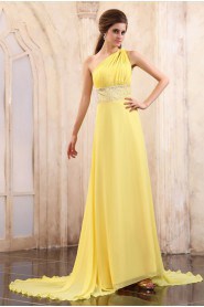 Chiffon One-Shoulder A-line Dress with Beaded and Ruffle