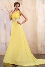 Chiffon One-Shoulder A-line Dress with Beaded and Ruffle