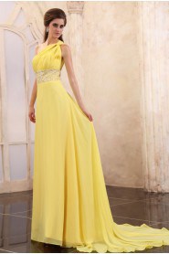 Chiffon One-Shoulder A-line Dress with Beaded and Ruffle