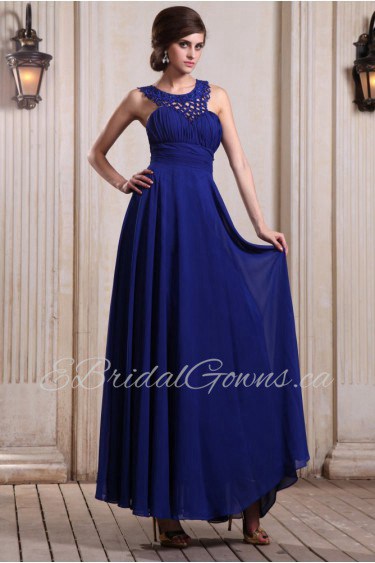 Chiffon Bateau Neckline Floor Length Column Dress with Beaded and Ruffle