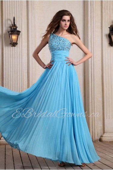 Chiffon One-Shoulder Floor Length Dress with Beaded and Ruffle