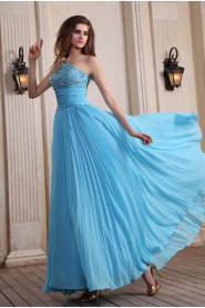 Chiffon One-Shoulder Floor Length Dress with Beaded and Ruffle