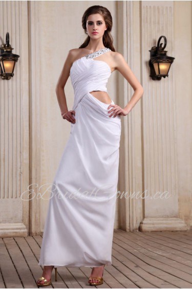 Chiffon One-Shoulder Ankle-Length Column Dress with Beaded and Ruffle