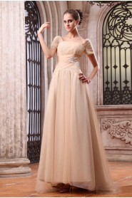 Chiffon Bateau Neckline Floor Length A-line Dress with Embroidery and Short Sleeve