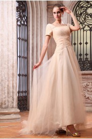 Chiffon Bateau Neckline Floor Length A-line Dress with Embroidery and Short Sleeve