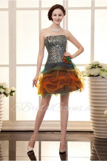 Organza Strapless Short Dress with Handmade Flower and Beaded