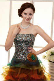 Organza Strapless Short Dress with Handmade Flower and Beaded