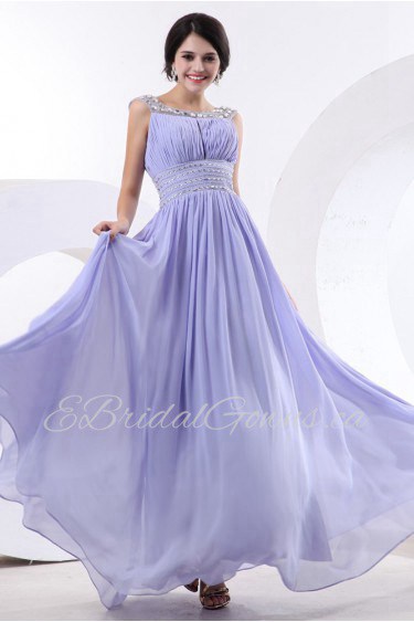 Chiffon and Satin Bateau Neckline Floor Length A-Line Dress with Beaded