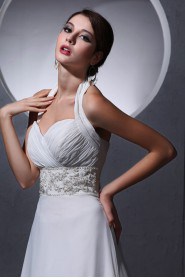 Chiffon Halter Neckline A-Line Dress with Pleat and Beaded