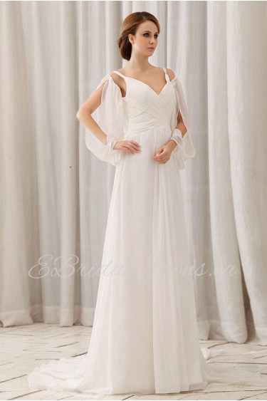 Chiffon V-Neckline Floor Length Column Dress with Ruffle