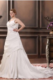 Satin Beading V-Neck Plus Size Gown