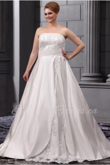 Lace Embroiderd Strapless Satin A-Line Plus Size Gown