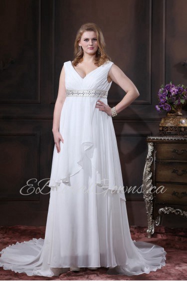 Chiffon Crystals V-Neck Plus Size Gown