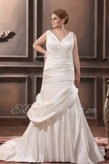 Satin Embroidered V-Neck Plus Size Gown