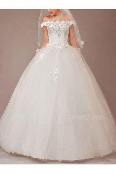 Satin and Tulle Off-the-Shoulder Floor Length Ball Gown with Flowers