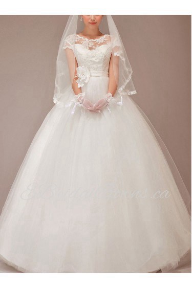 Tulle Bateau Neckline Floor Length Ball Gown with Flower