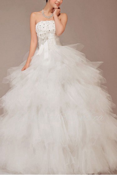 Satin and Tulle Strapless Floor Length Ball Gown with Flowers