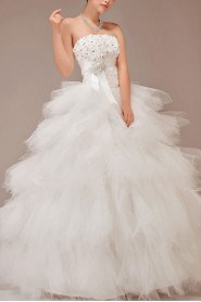 Satin and Tulle Strapless Floor Length Ball Gown with Flowers