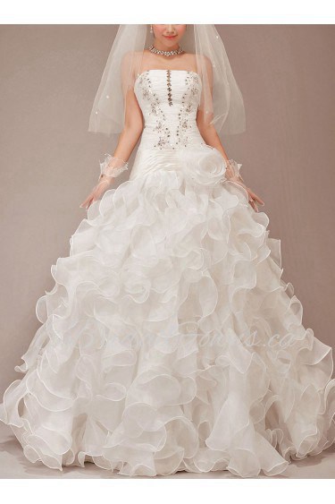 Organza Strapless Floor Length Ball Gown with Flower