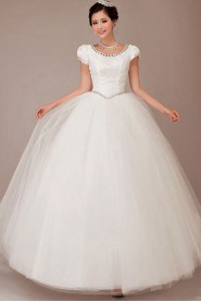 Satin Bateau Neckline Floor Length Ball Gown with Crystals