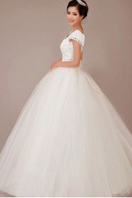 Satin Bateau Neckline Floor Length Ball Gown with Crystals