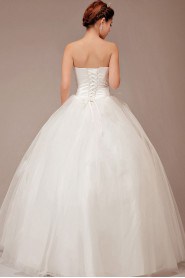 Satin and Net Strapless Floor Length Ball Gown with Feather