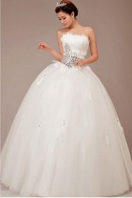 Satin and Net Strapless Floor Length Ball Gown with Feather