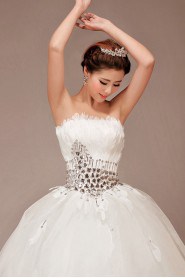 Satin and Net Strapless Floor Length Ball Gown with Feather