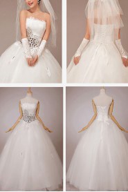 Satin and Net Strapless Floor Length Ball Gown with Feather