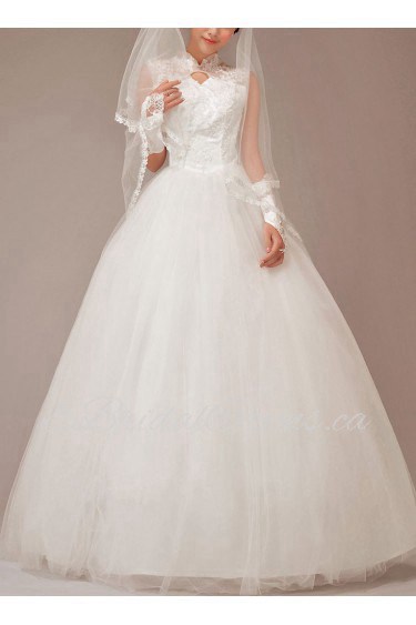 Satin and Lace High Collar Neckline Floor Length Ball Gown with Flowers