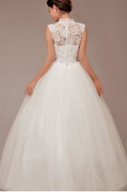 Satin and Lace High Collar Neckline Floor Length Ball Gown with Flowers