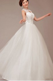 Satin and Lace High Collar Neckline Floor Length Ball Gown with Flowers