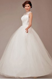 Satin and Lace High Collar Neckline Floor Length Ball Gown with Flowers