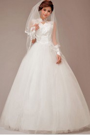 Satin and Lace High Collar Neckline Floor Length Ball Gown with Flowers