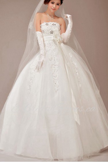 Satin and Lace Strapless Floor Length Ball Gown with Crystals