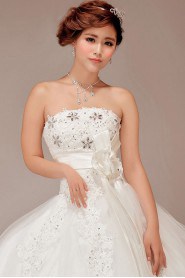 Satin and Lace Strapless Floor Length Ball Gown with Crystals