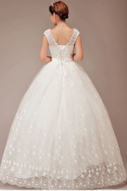 Satin and Tulle V-Neck Floor Length Ball Gown with Embroidered