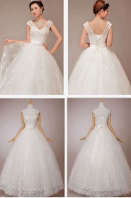 Satin and Tulle V-Neck Floor Length Ball Gown with Embroidered