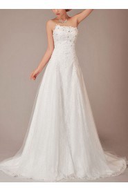 Satin and Lace Strapless Chapel Train A-Line Dress with Crystals