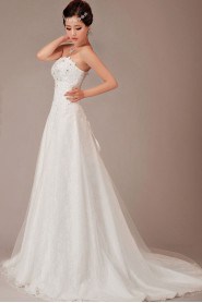 Satin and Lace Strapless Chapel Train A-Line Dress with Crystals