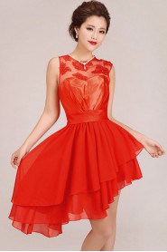 Chiffon Jewel Neckline Short A-Line Dress with Ruffle