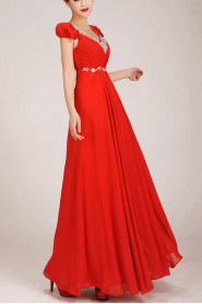 Chiffon V-Neck Floor Length Column Dress with Rhinestones