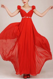 Chiffon V-Neck Floor Length Column Dress with Rhinestones