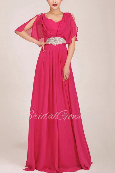 Chiffon V-Neck Chapel Train A-Line Dress with Crystals