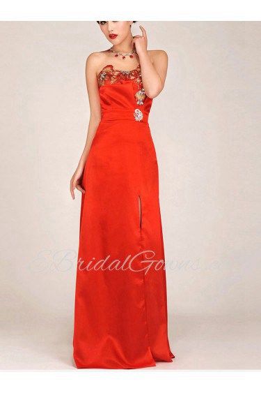 Satin Strapless Floor Length Column Dress with Embroidered