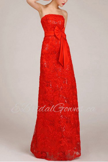 Satin and Lace Strapless Floor Length Column Dress with Embroidered