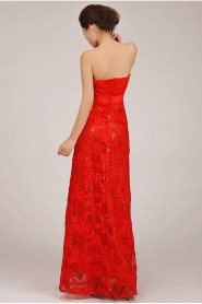 Satin and Lace Strapless Floor Length Column Dress with Embroidered