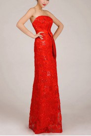 Satin and Lace Strapless Floor Length Column Dress with Embroidered